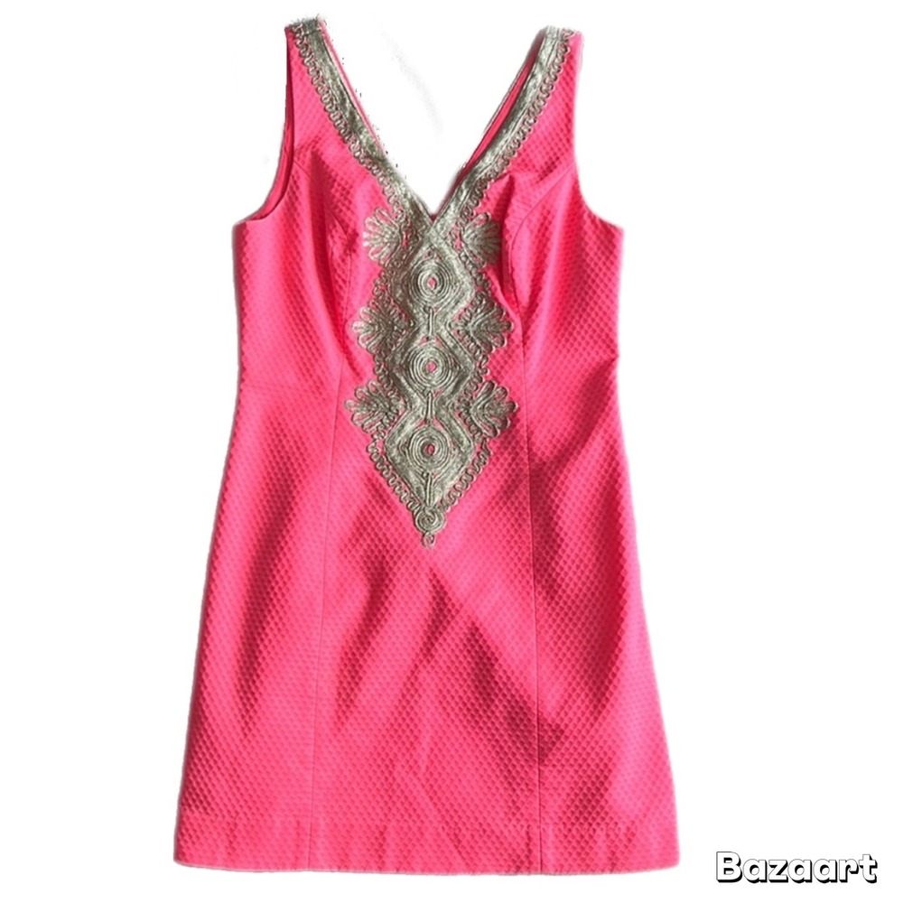 Lilly Pulitzer Junie Shift Dress Coral Reef Pink & Gold Tank Top Classy Wedding‎ - Picture 4 of 5